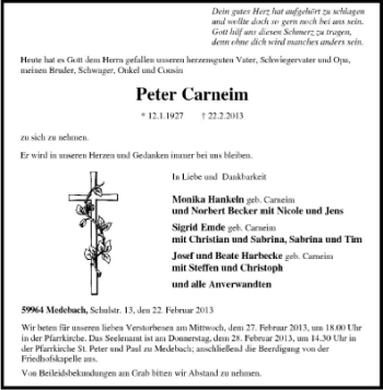 Traueranzeige von Peter Carneim von Tageszeitung